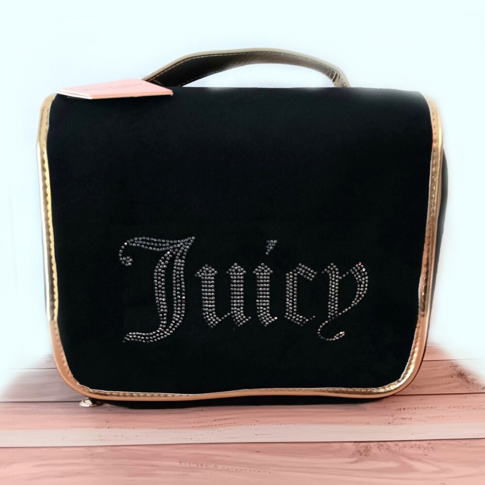 NWT💥 JUICY COUTURE BLACK & GOLD VELOUR LARGE TRAVEL COSMETIC BAG